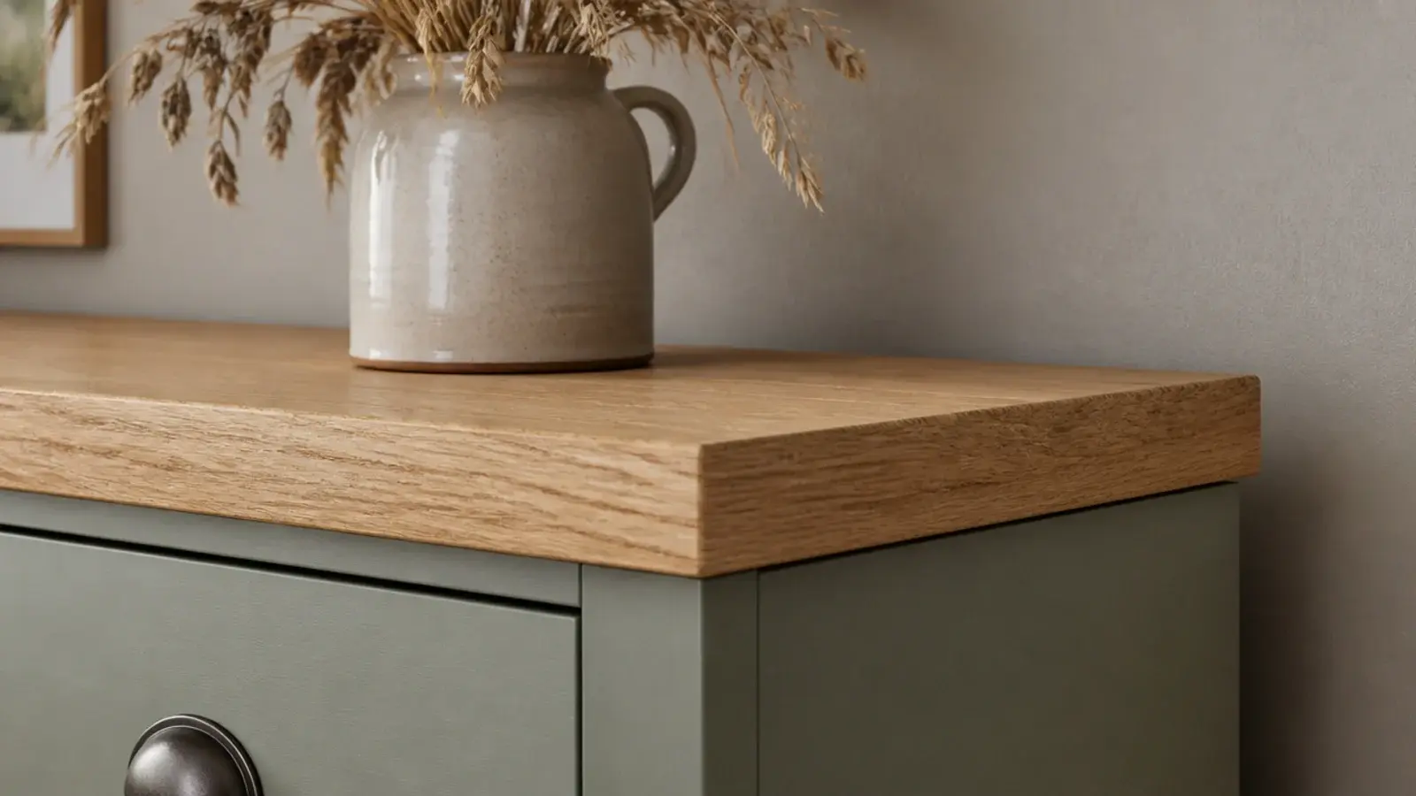 thick solid oak top overhanging the sides of a painted shoe cabinet