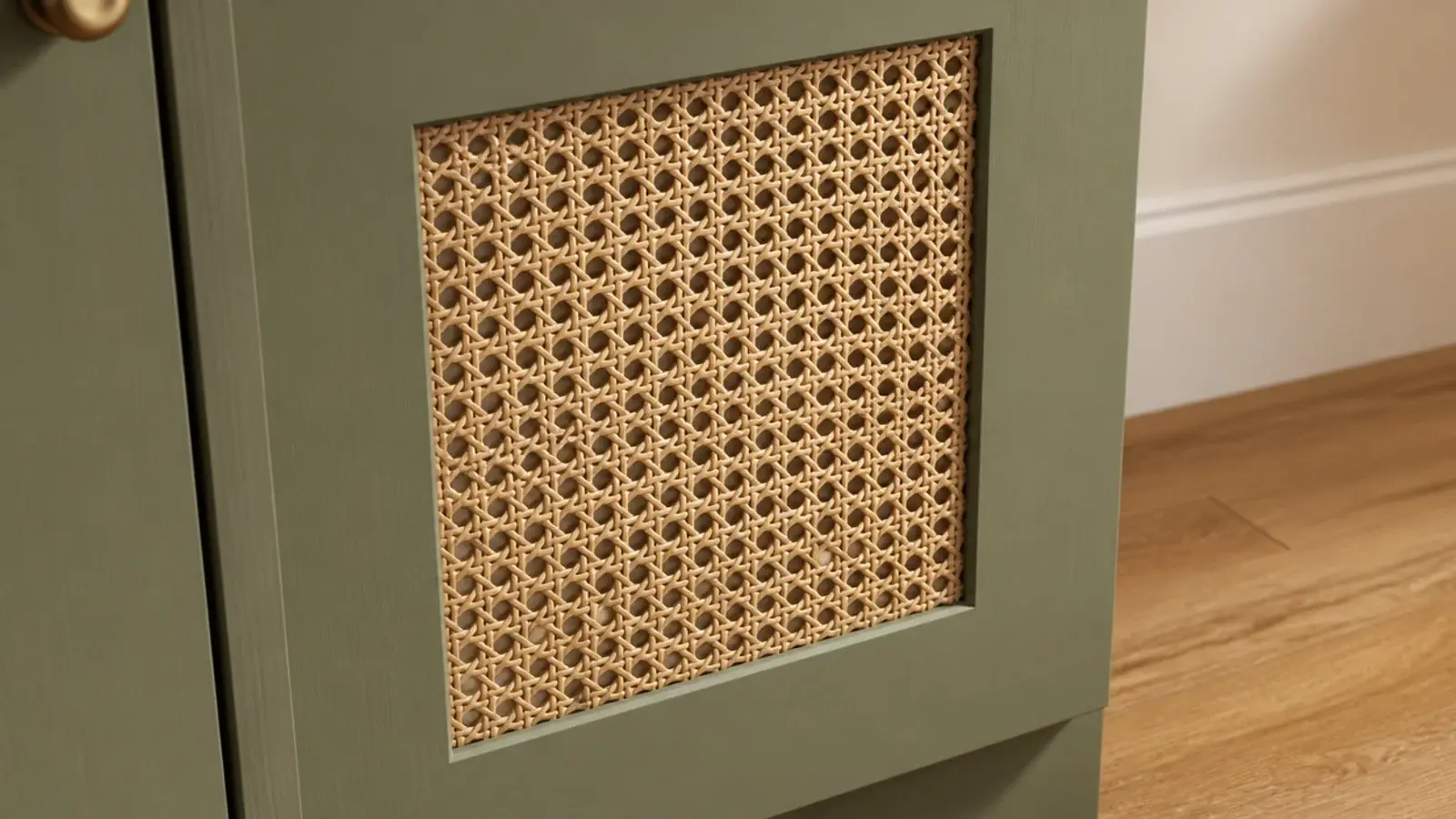 cane webbing panel set into a shoe cabinet door for ventilation