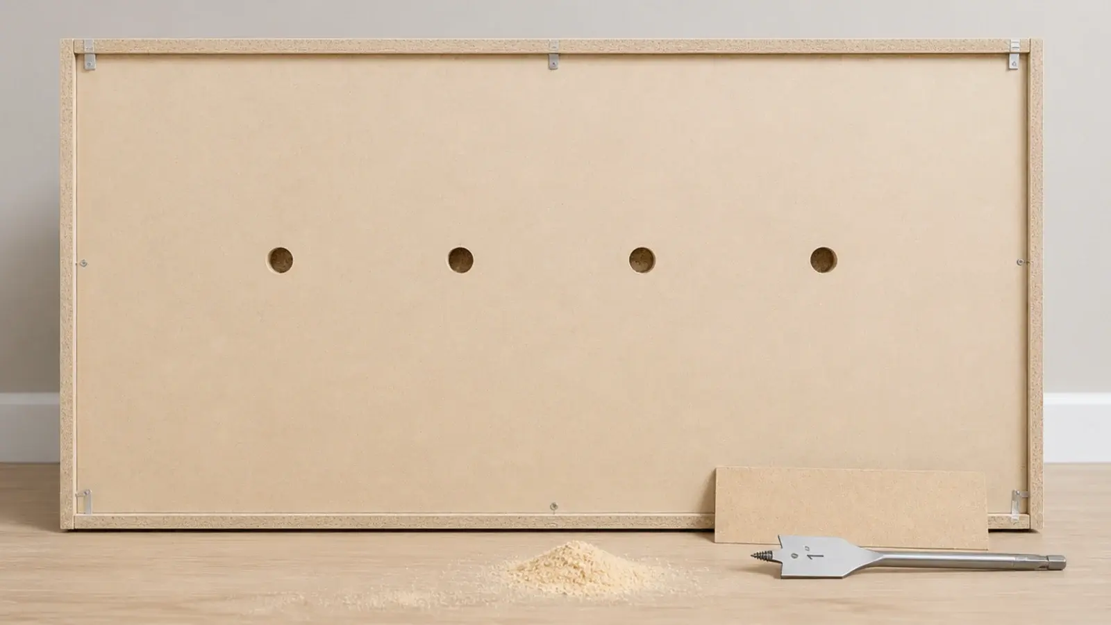 drilled ventilation holes in a row across a shoe cabinet back panel
