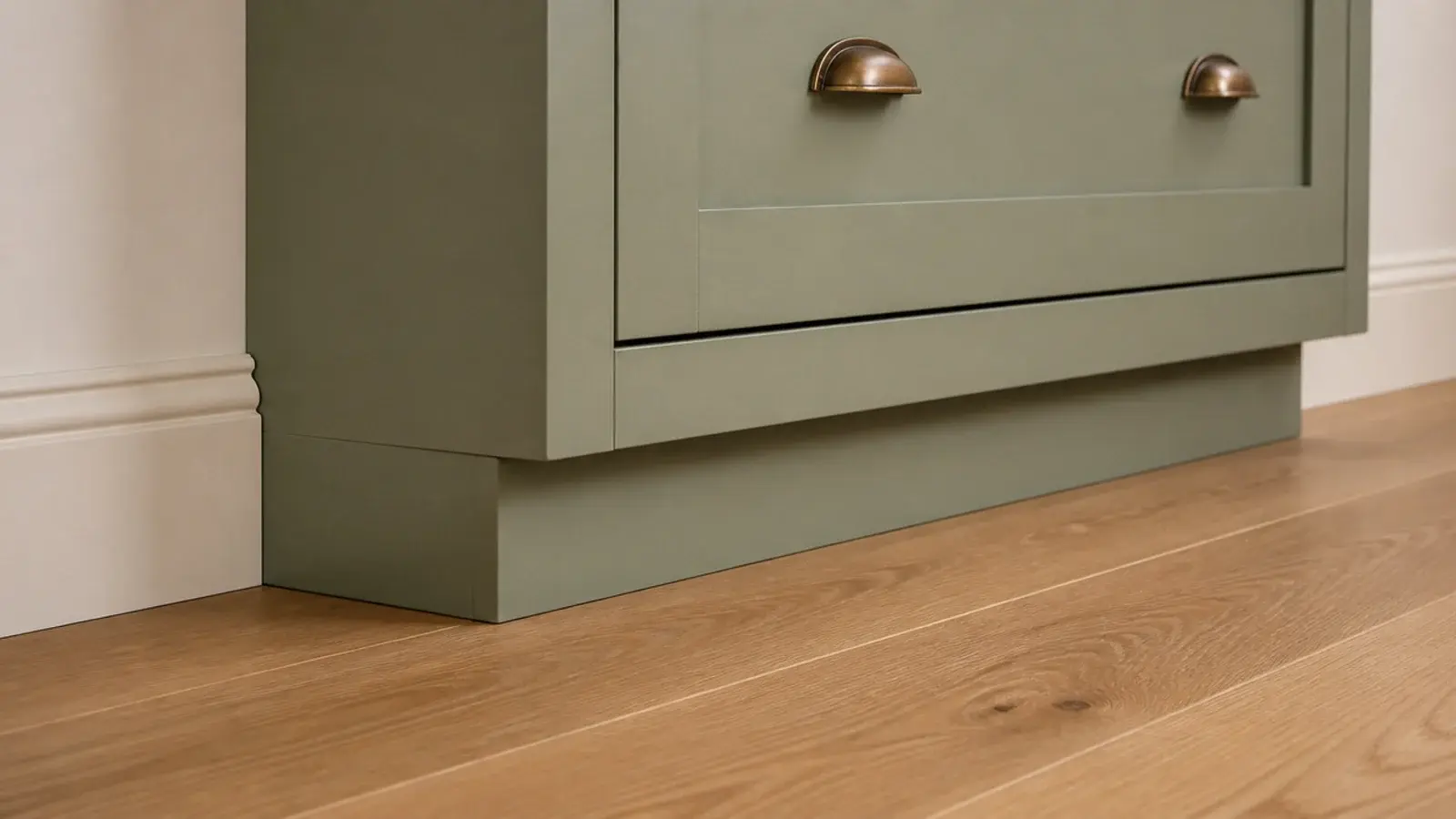 recessed toe kick plinth beneath a painted hallway shoe cabinet