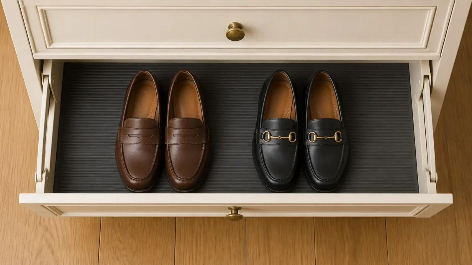 washable rubber liner cut to fit inside an open shoe cabinet drawer