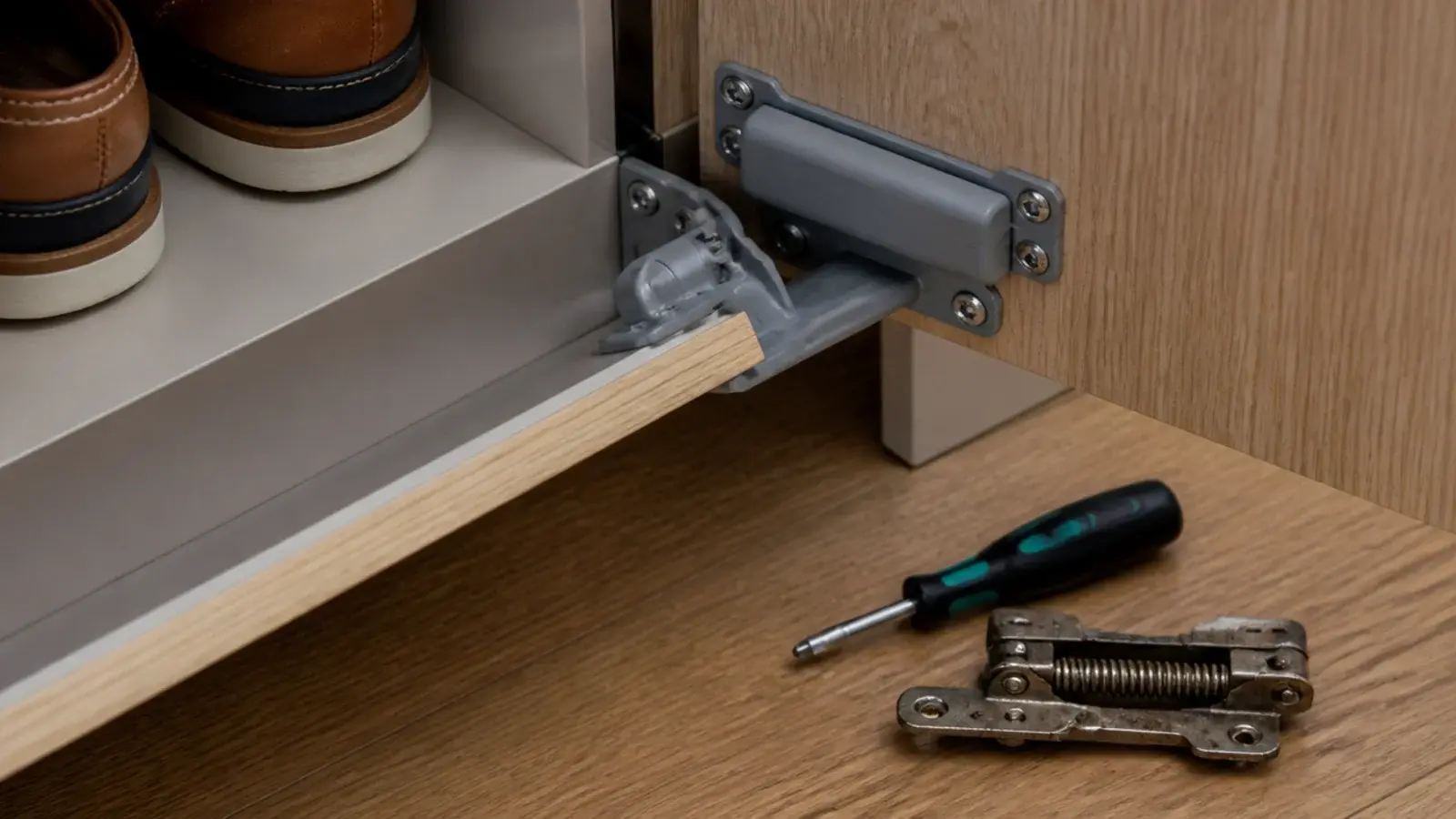 soft close hinge fitted inside a flat pack shoe cabinet drawer front