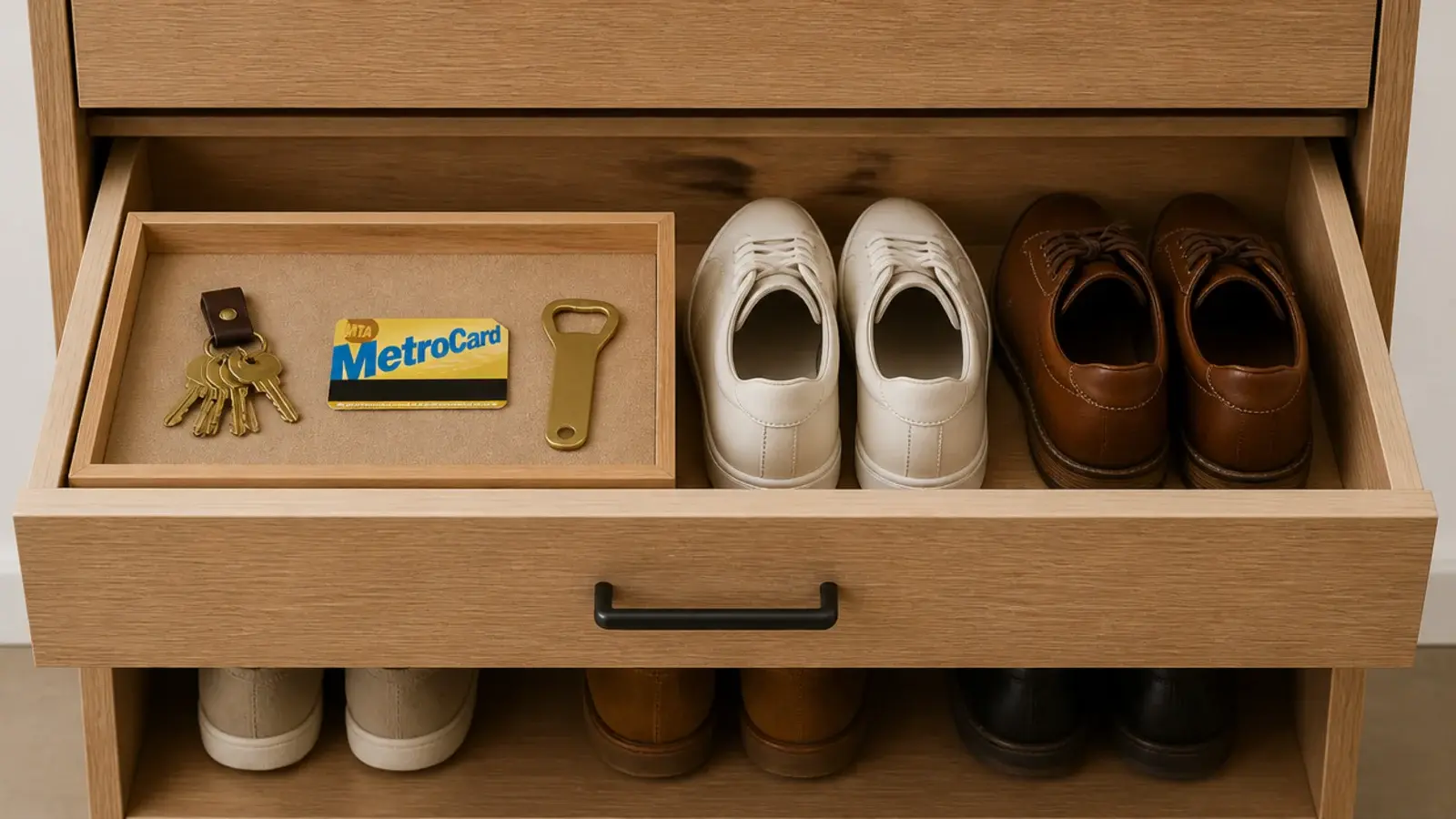 felt lined shallow tray built into the top of a shoe cabinet drawer