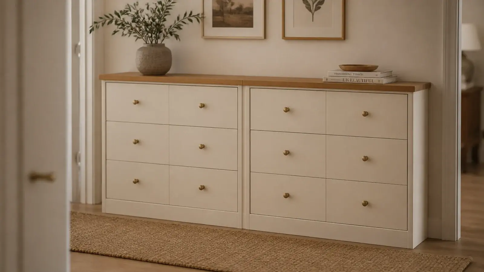 two stacked shoe cabinets unified by a single continuous oak top