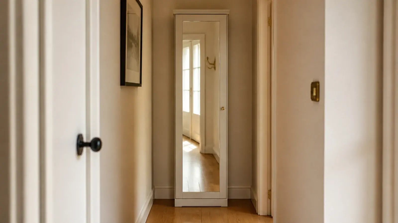 slim mirror panel fitted to the front of a hallway shoe cabinet door