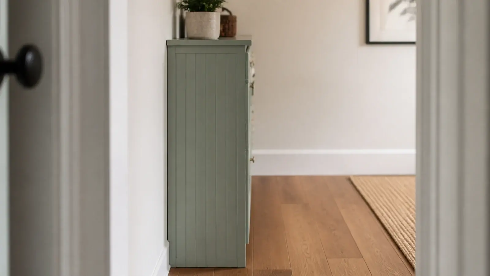 beadboard panelling applied to the exposed side of a shoe cabinet