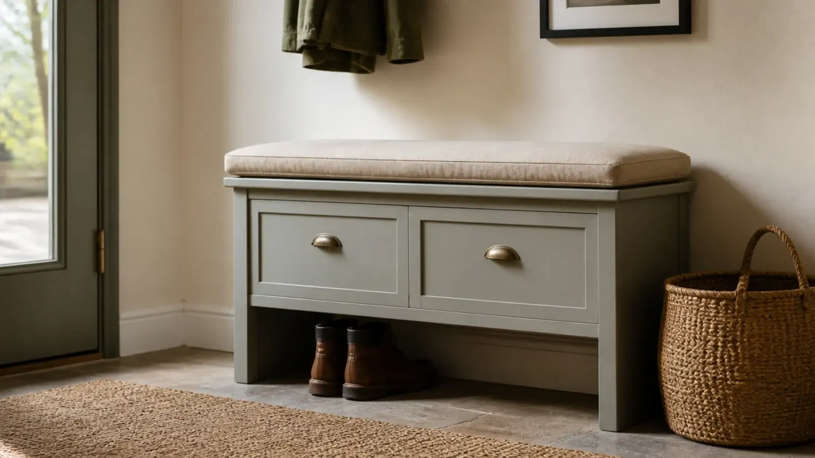 linen cushion laid on a shoe cabinet top making a low perch seat