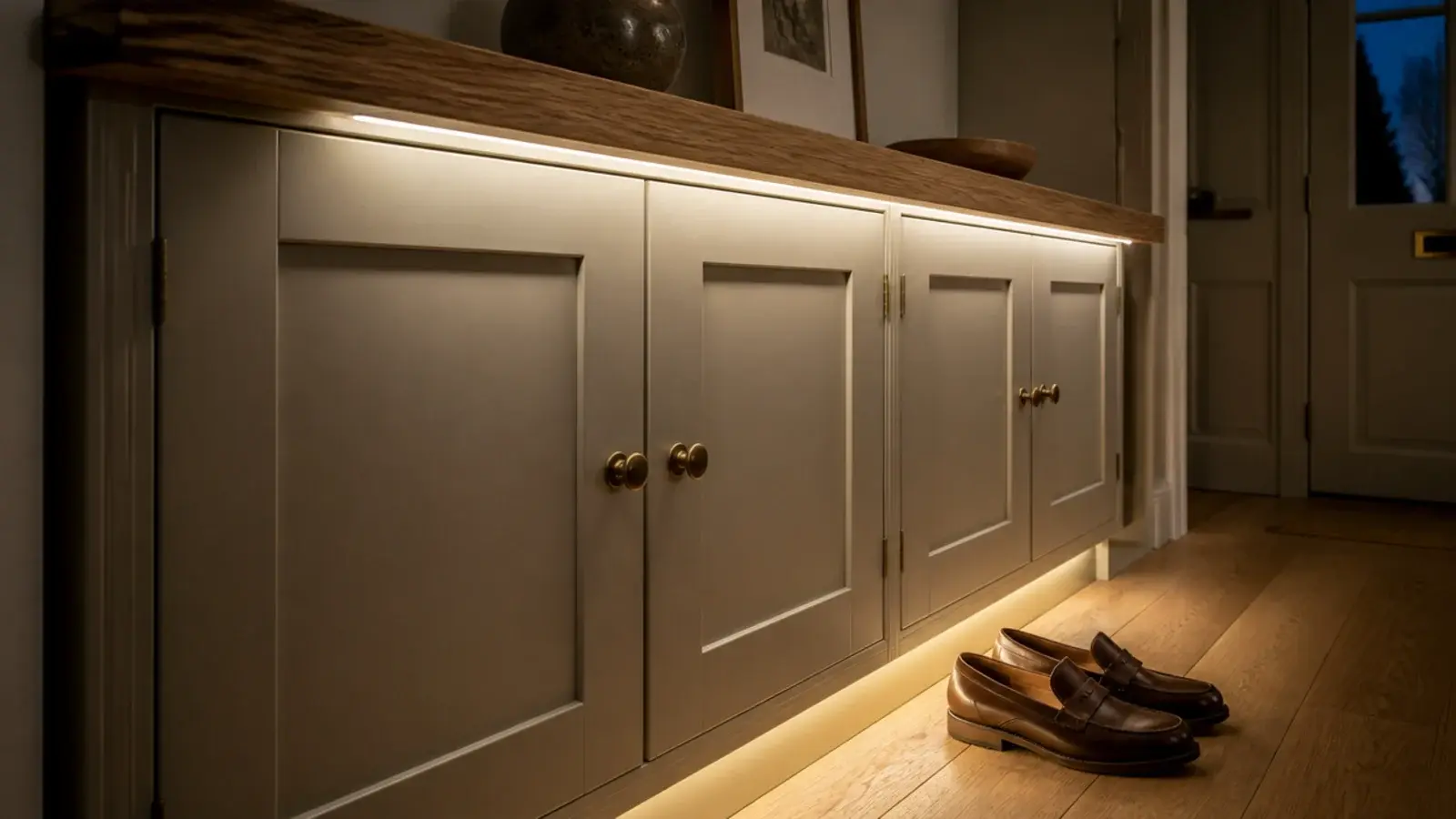 warm led strip glowing beneath the overhanging top of a shoe cabinet