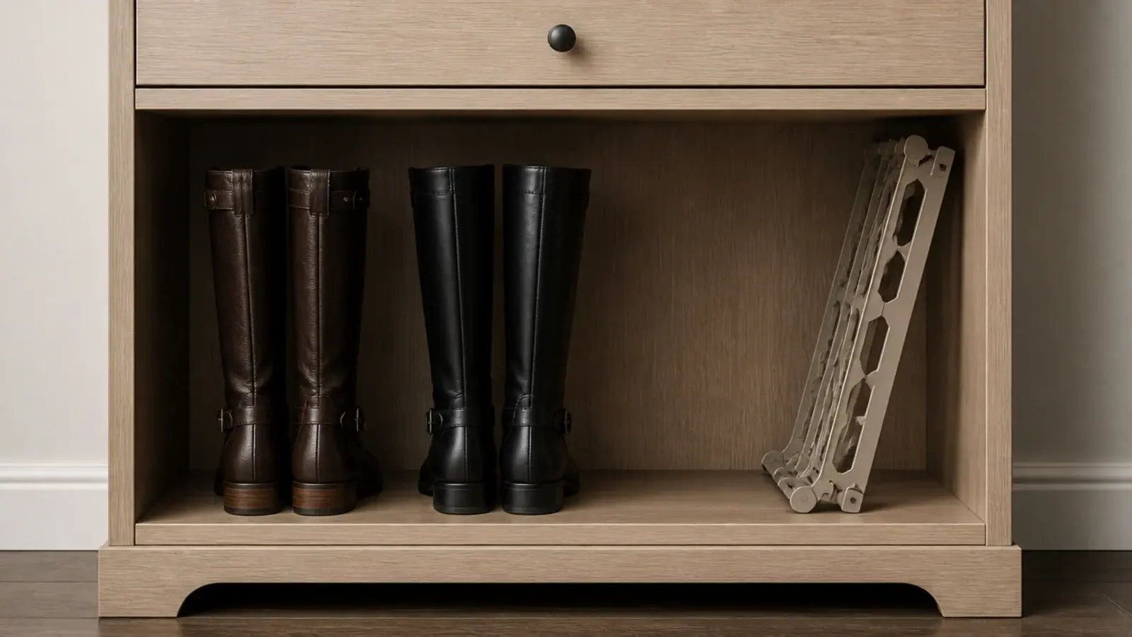 bottom compartment of a shoe cabinet opened out to hold tall boots