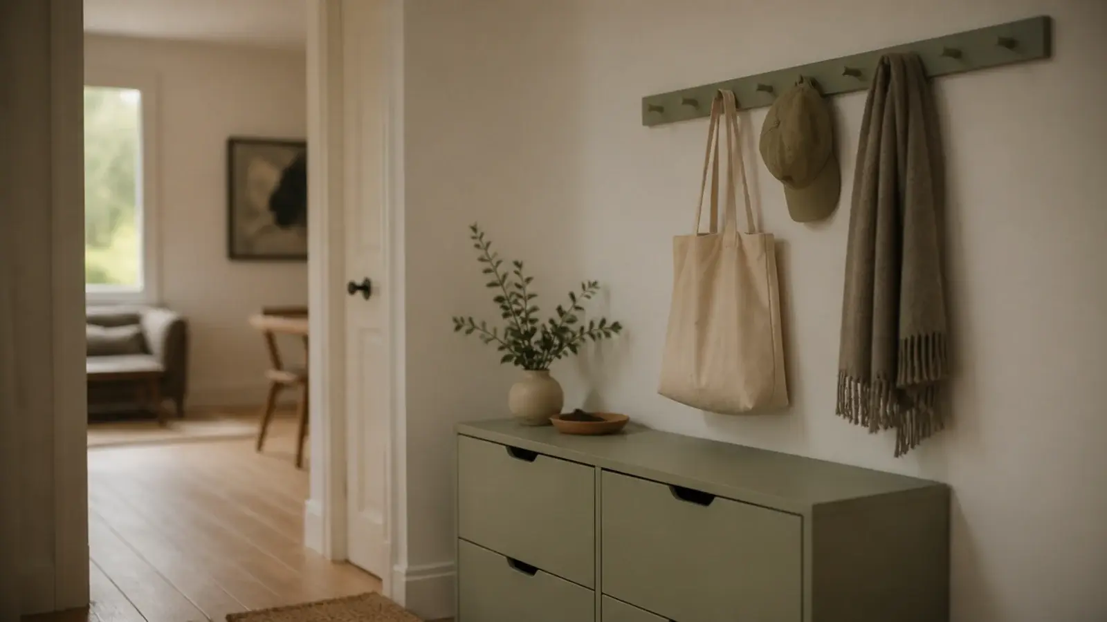 painted peg rail mounted above a matching shoe cabinet in an entry