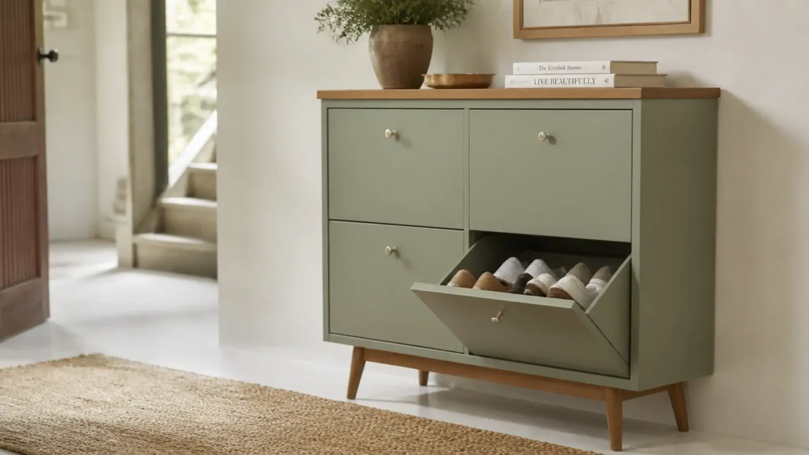 IKEA shoe cabinet hacks on a painted tilt out unit with oak top