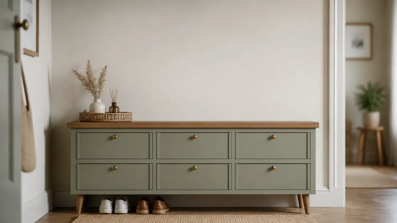 vertical hacked shoe cabinet with oak top brass knobs and tapered legs