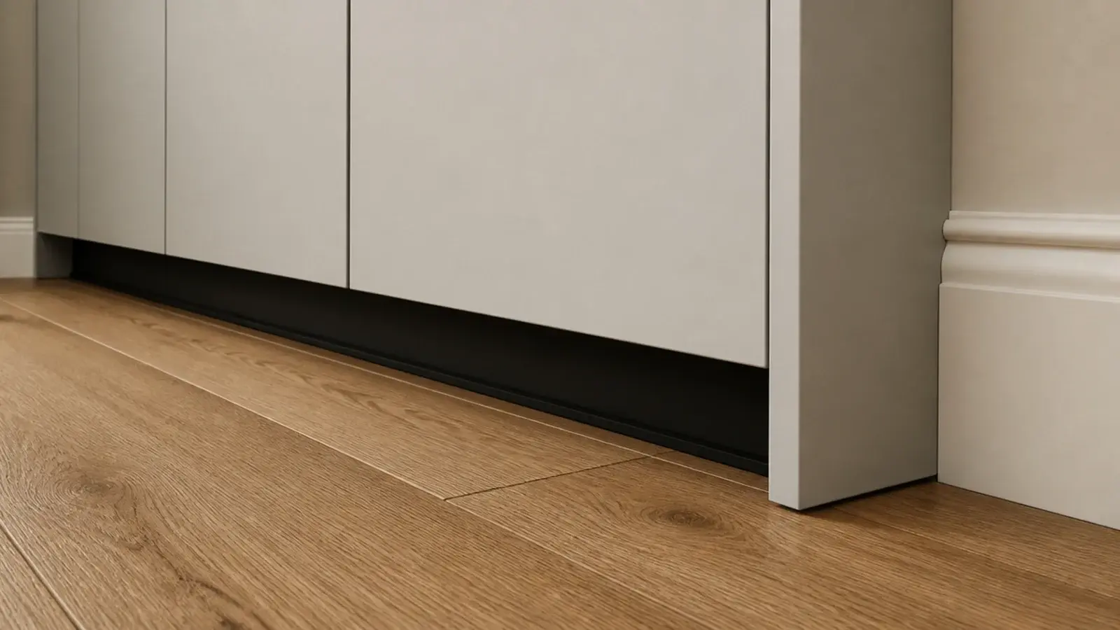 deep shadow gap beneath a modern shoe cabinet floating above the floor