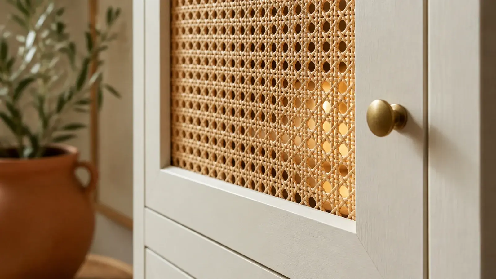 woven cane panel insert ventilating a modern shoe cabinet door front