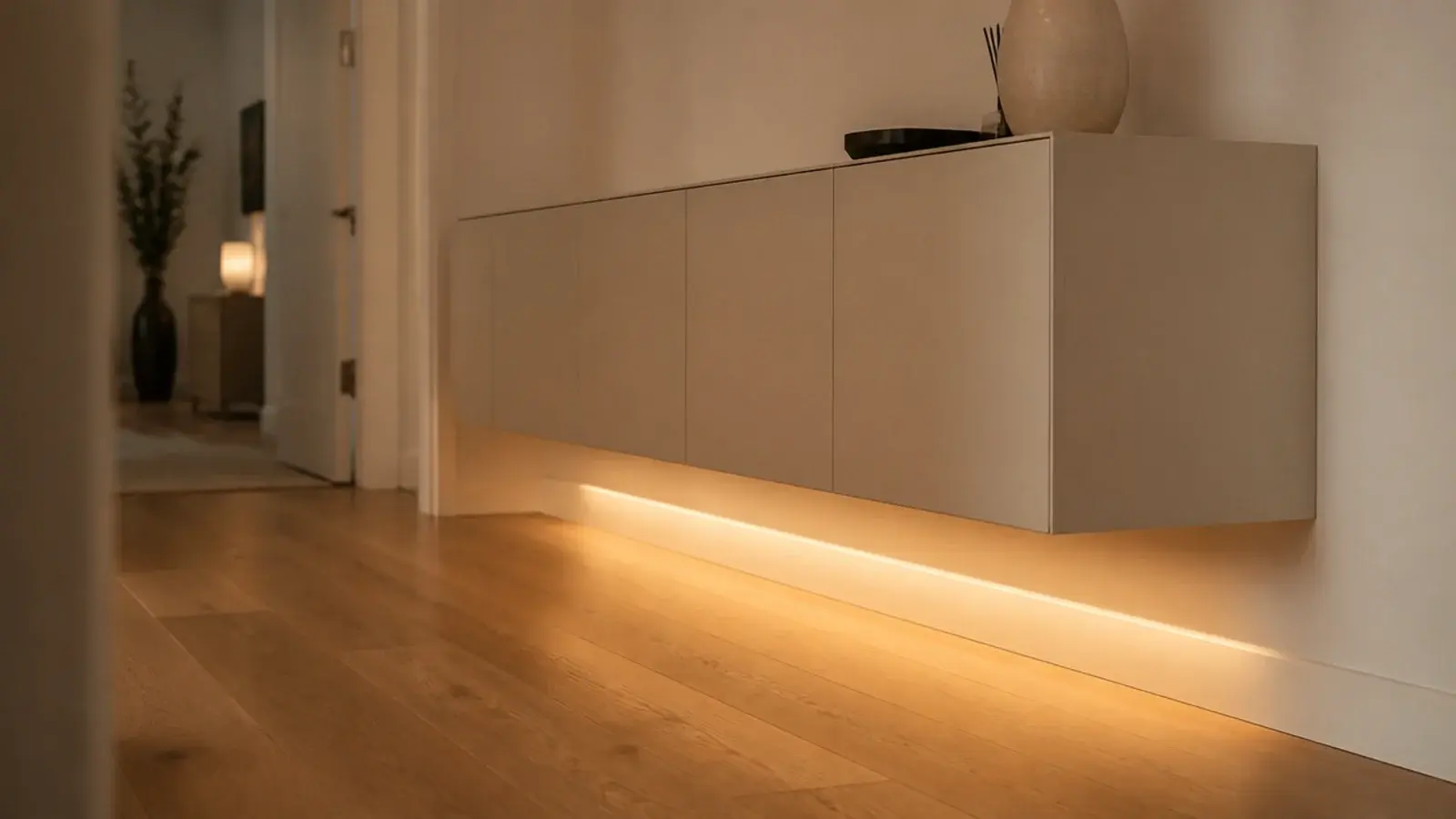 wall mounted modern shoe cabinet floating with light washing the floor below
