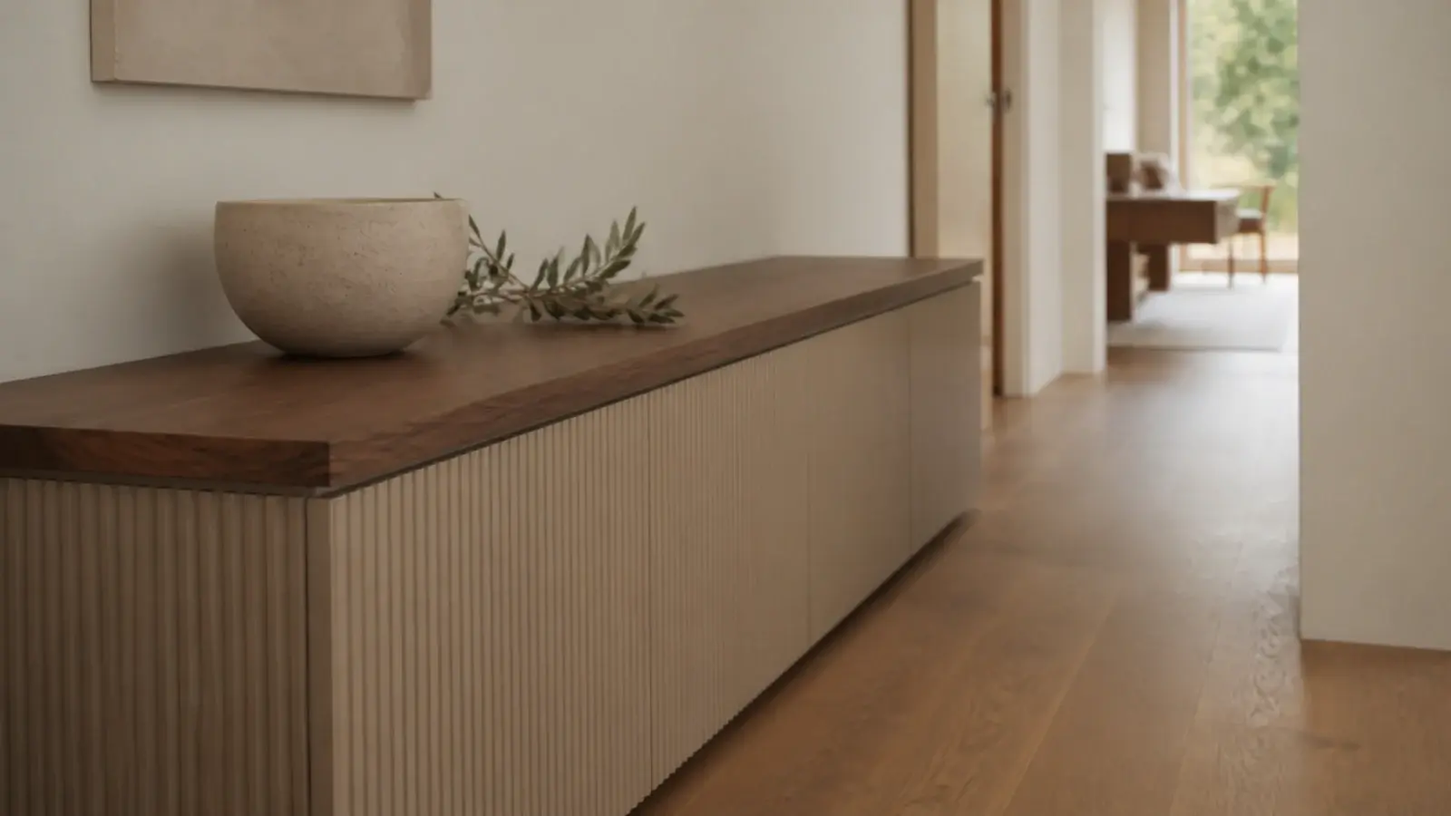 modern shoe cabinet with handleless fluted fronts and a walnut slab top