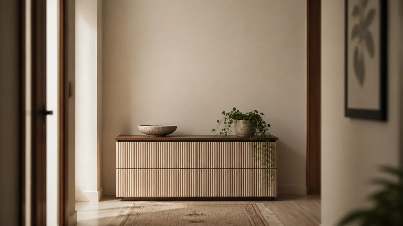 vertical view of a modern shoe cabinet with fluted fronts and brass pulls