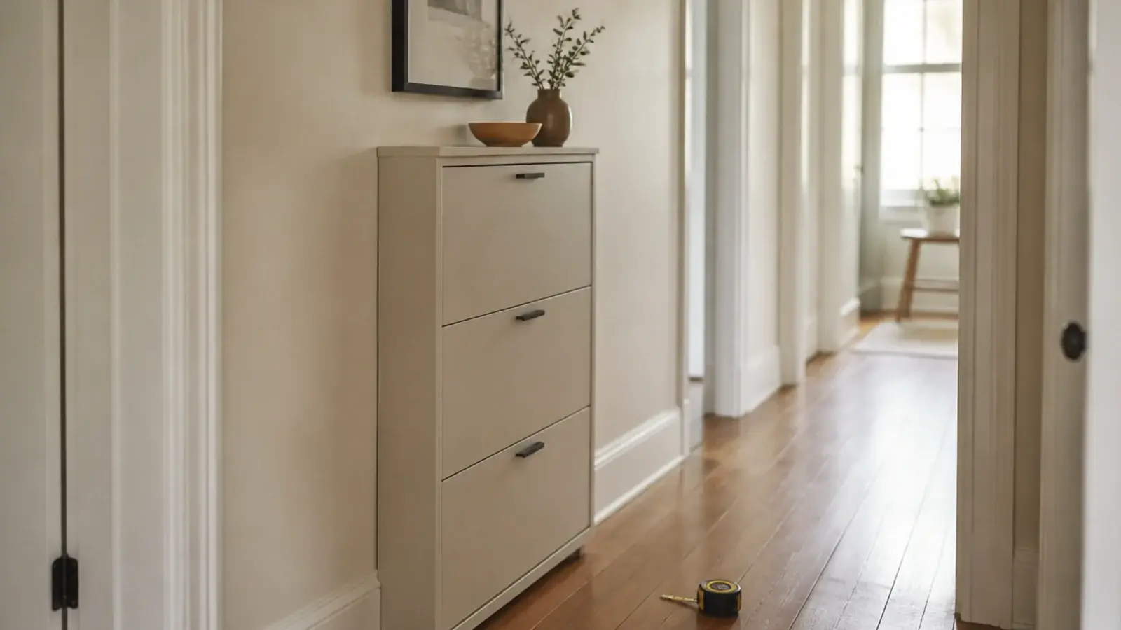 slim nine inch shoe cabinet fitted into a genuinely narrow hallway