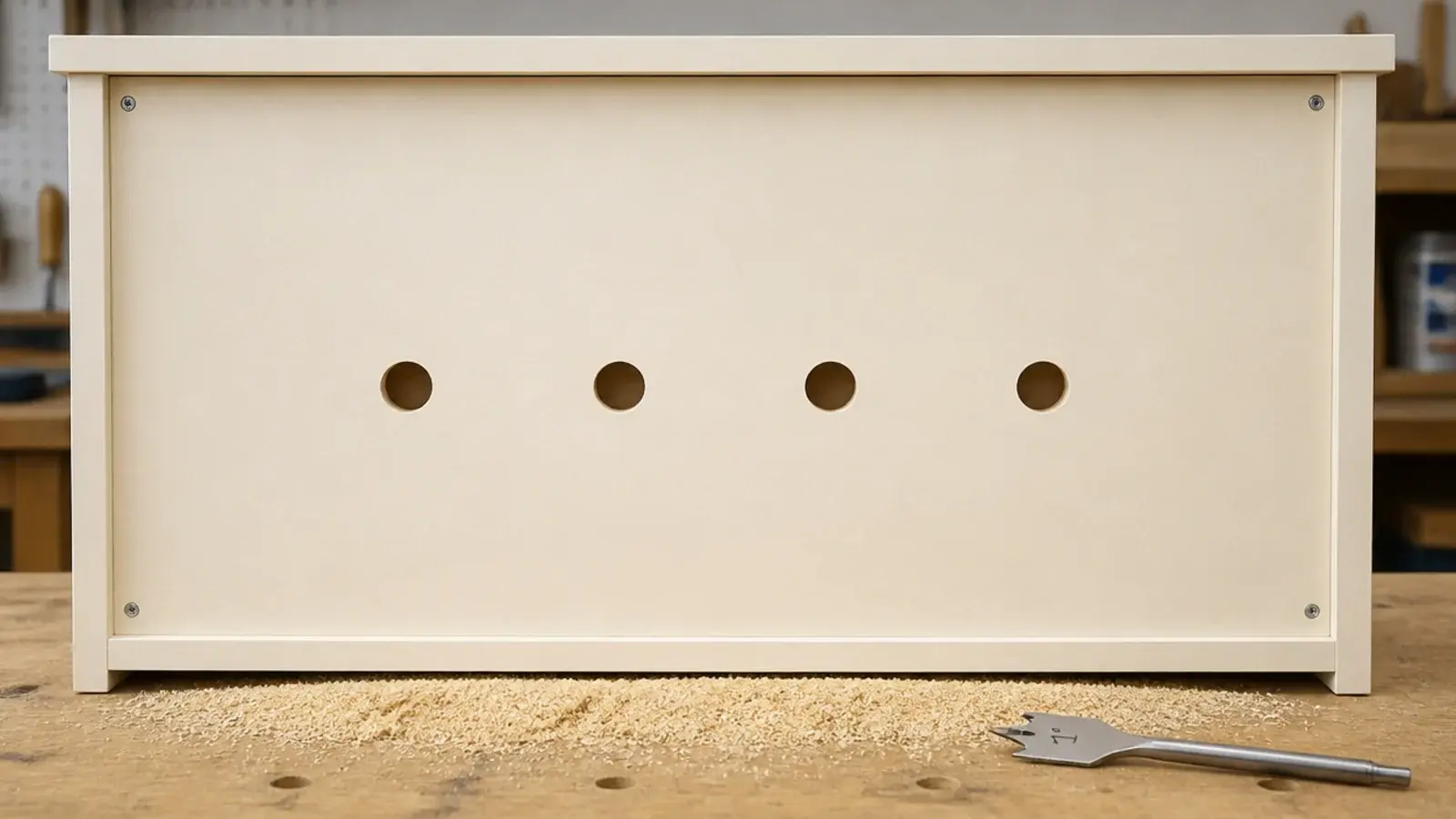 drilled vent holes across the back panel of a shoe cabinet