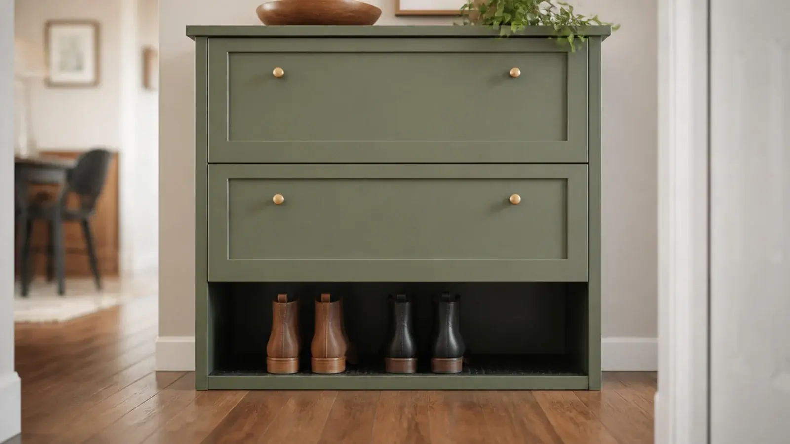 open boot bay at the base of a cabinet holding two pairs upright