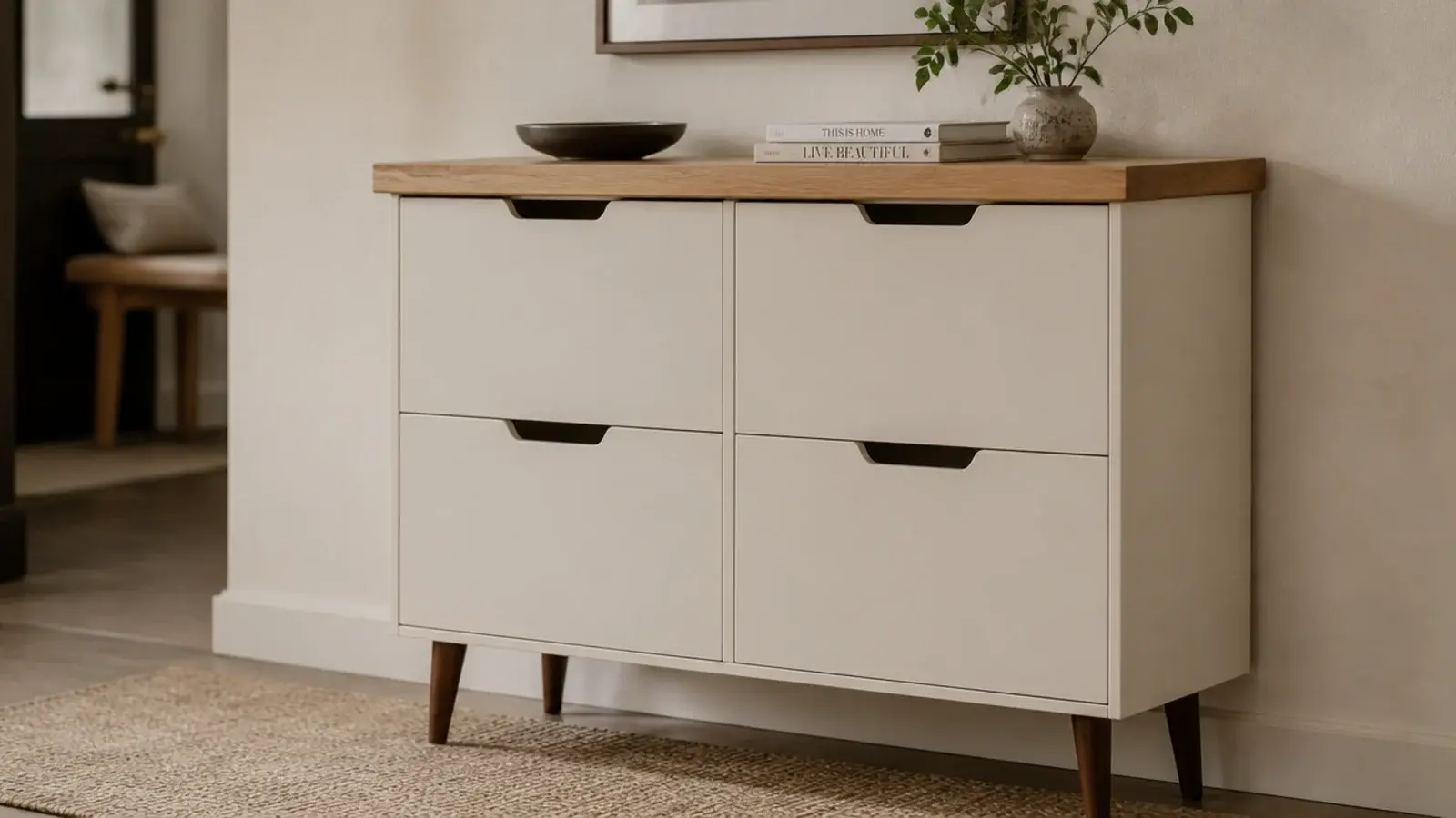 solid oak top and tapered legs added to a plain flat pack cabinet