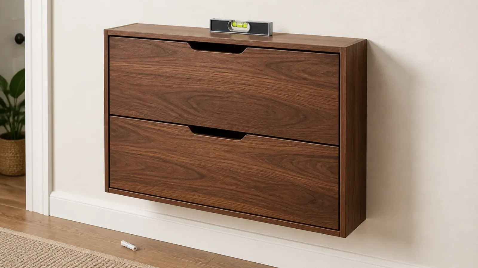 wall hung shoe cabinet sitting level on toggle bolts above clear floor