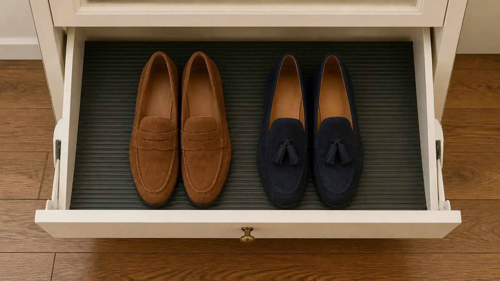 ribbed rubber liner cut to fit the base of a shoe cabinet drawer