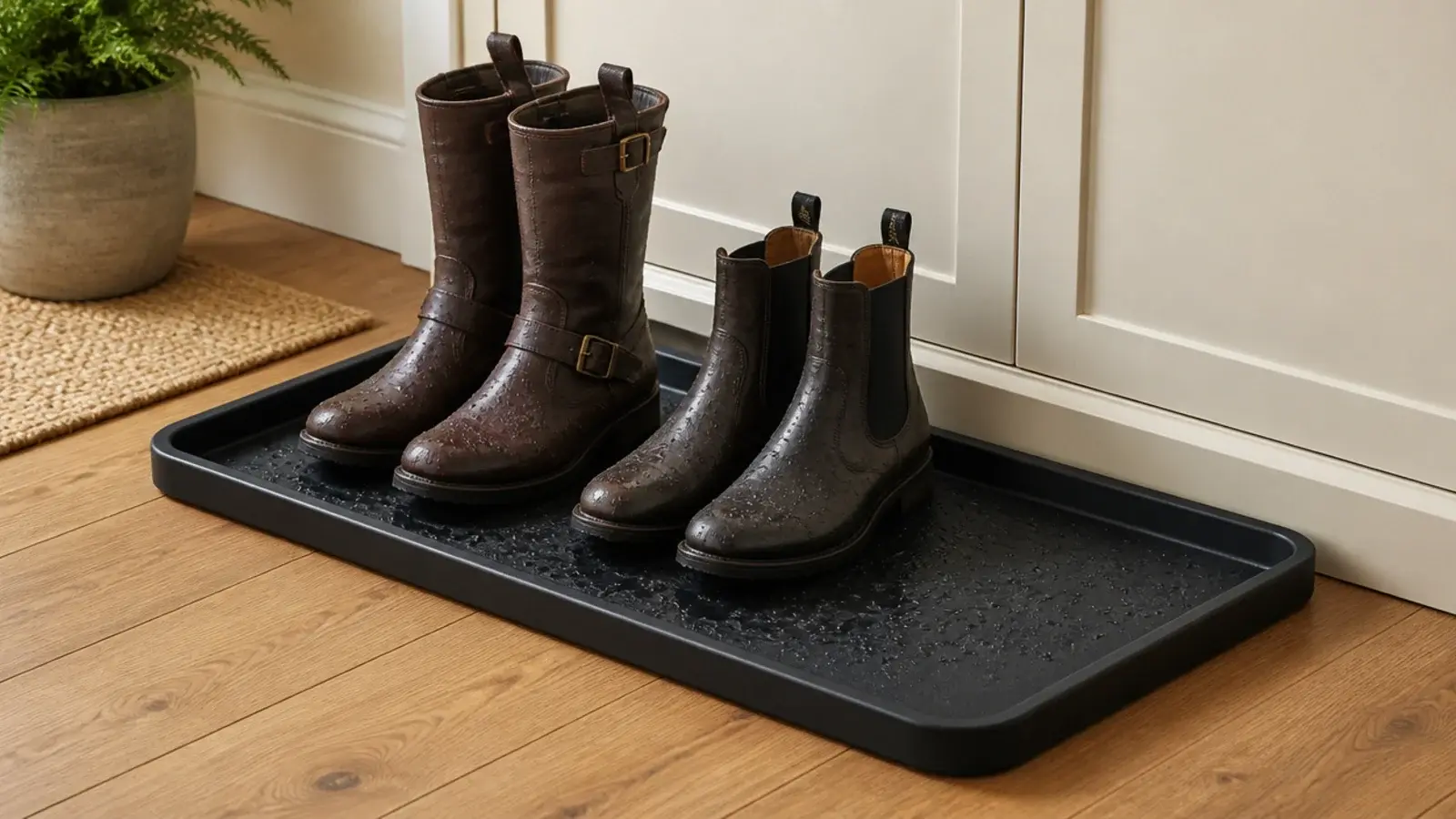 raised lip boot tray on the floor beside a closed shoe cabinet
