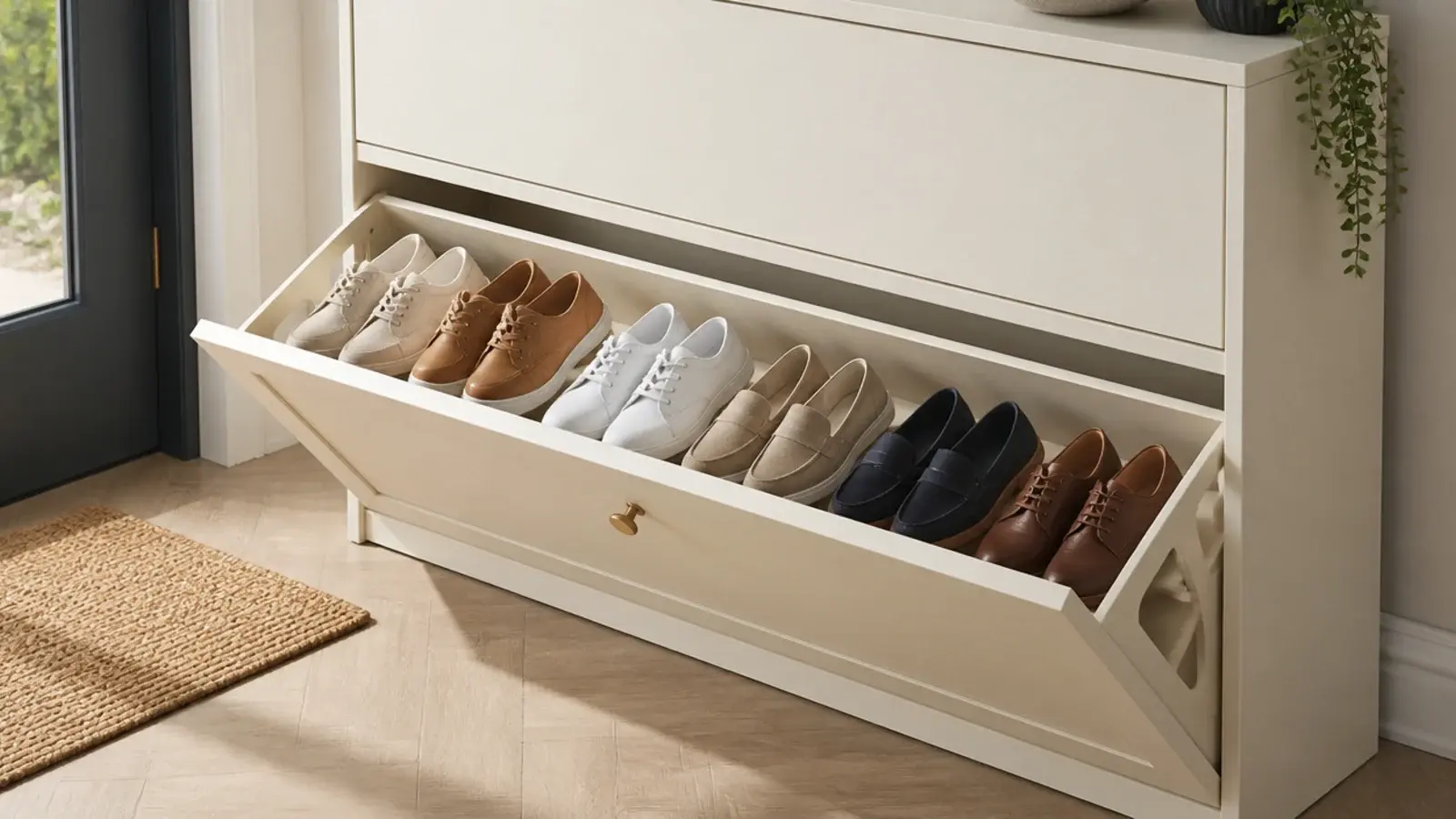 tilt out drawer holding six neatly angled pairs with room to spare