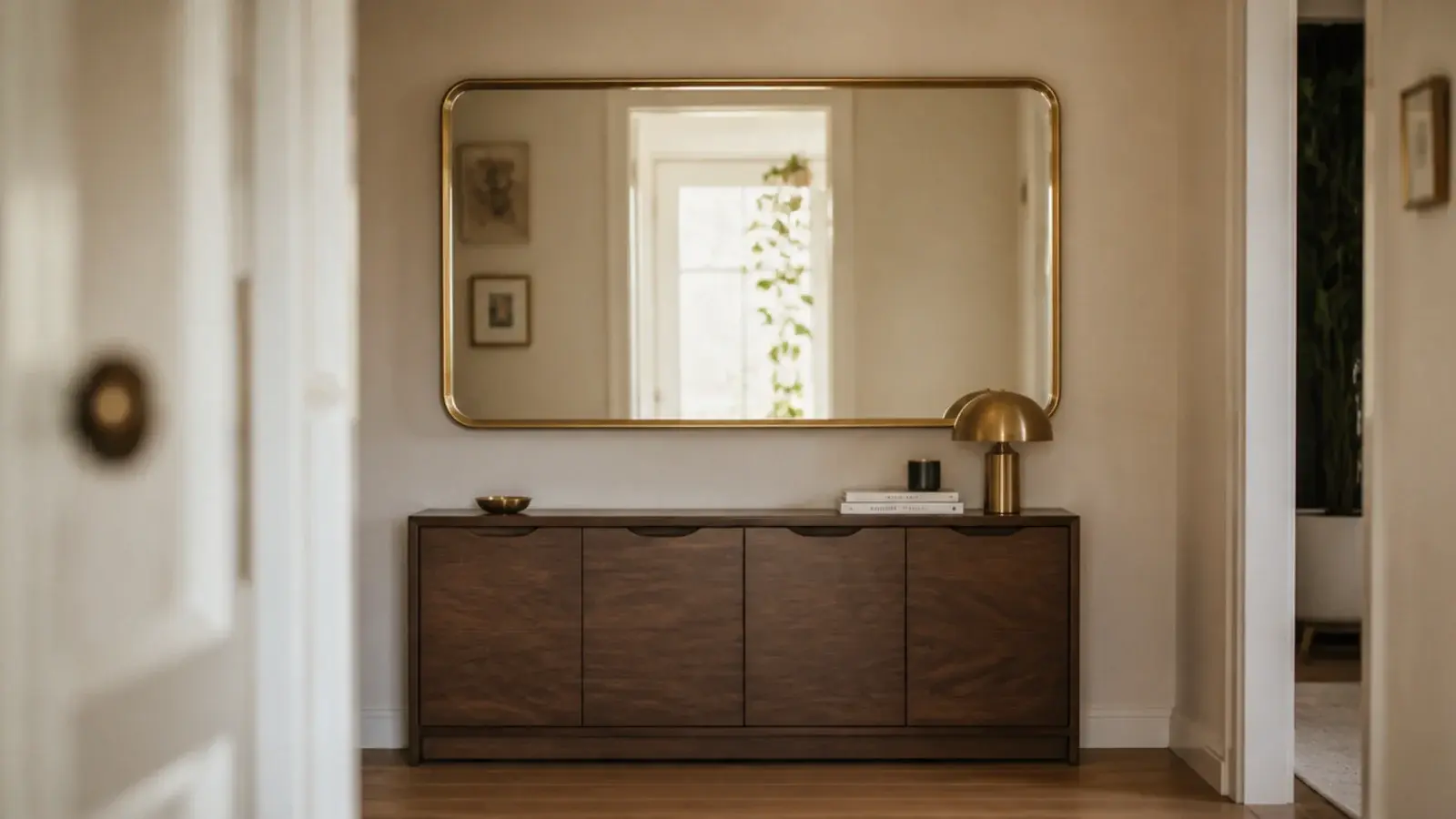 brass framed mirror hung above a hallway shoe cabinet reflecting light
