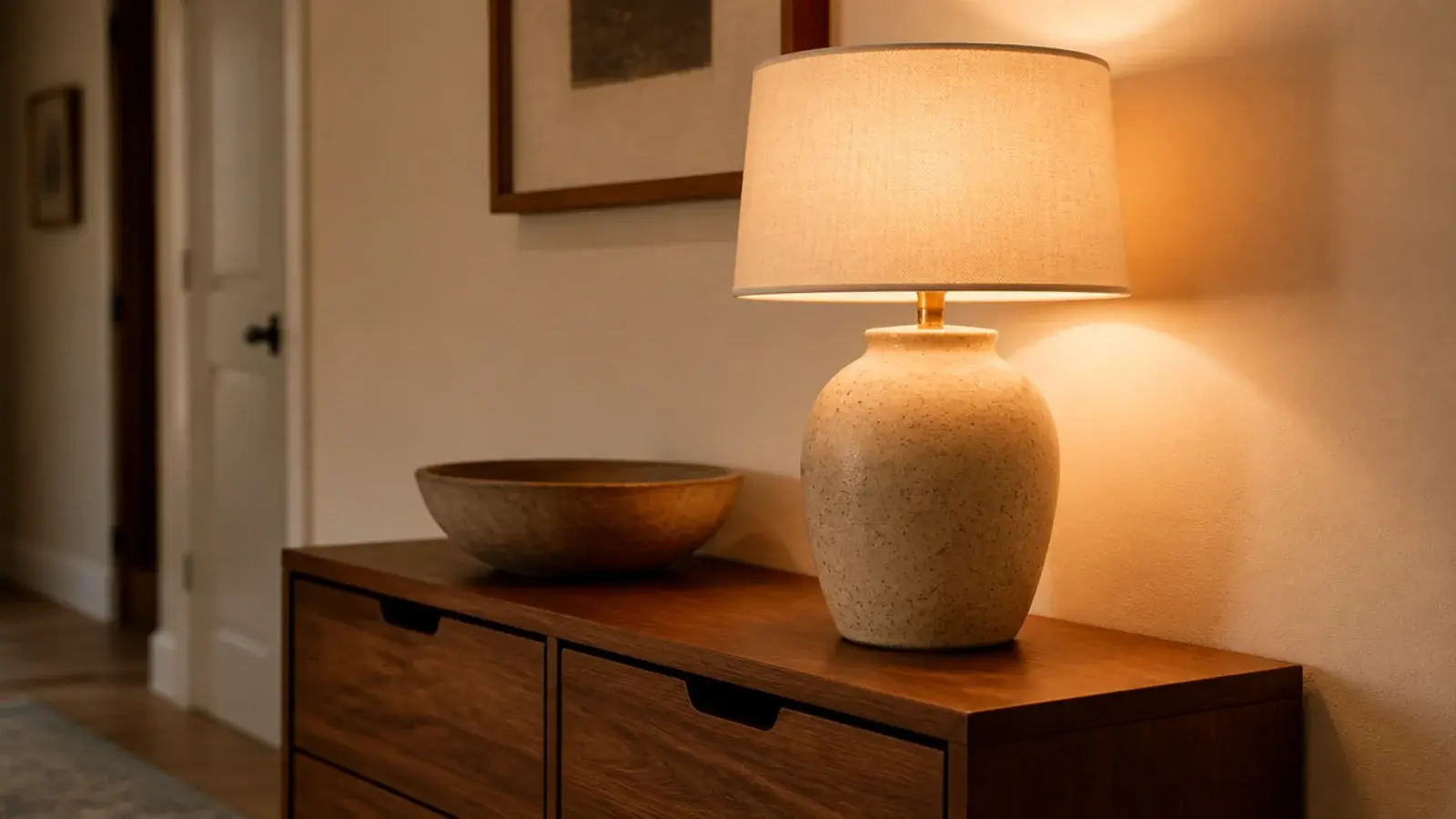 small warm lamp glowing on a shoe cabinet in a previously dim hall