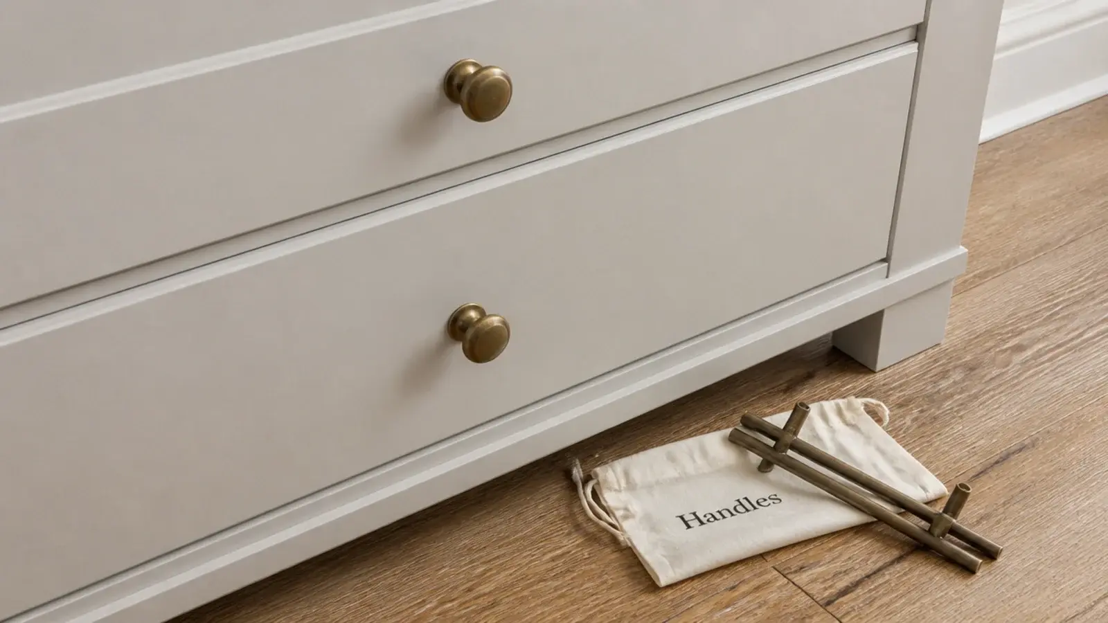 small brass knobs replacing long bar handles on a shoe cabinet