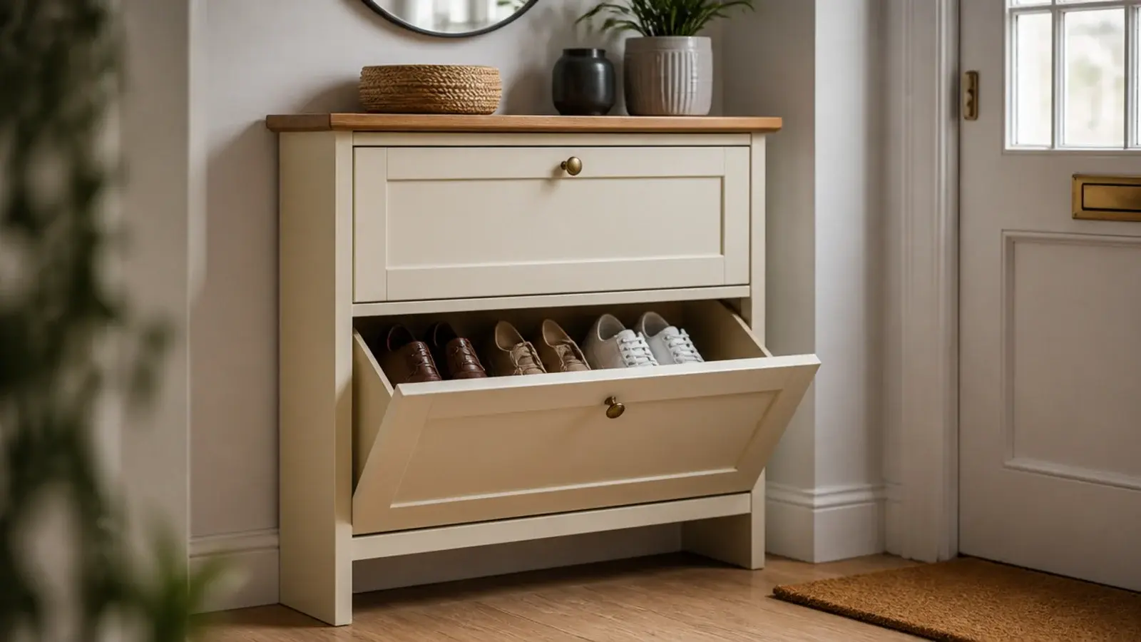 tilt out fronts replacing swing doors on an entryway shoe cabinet