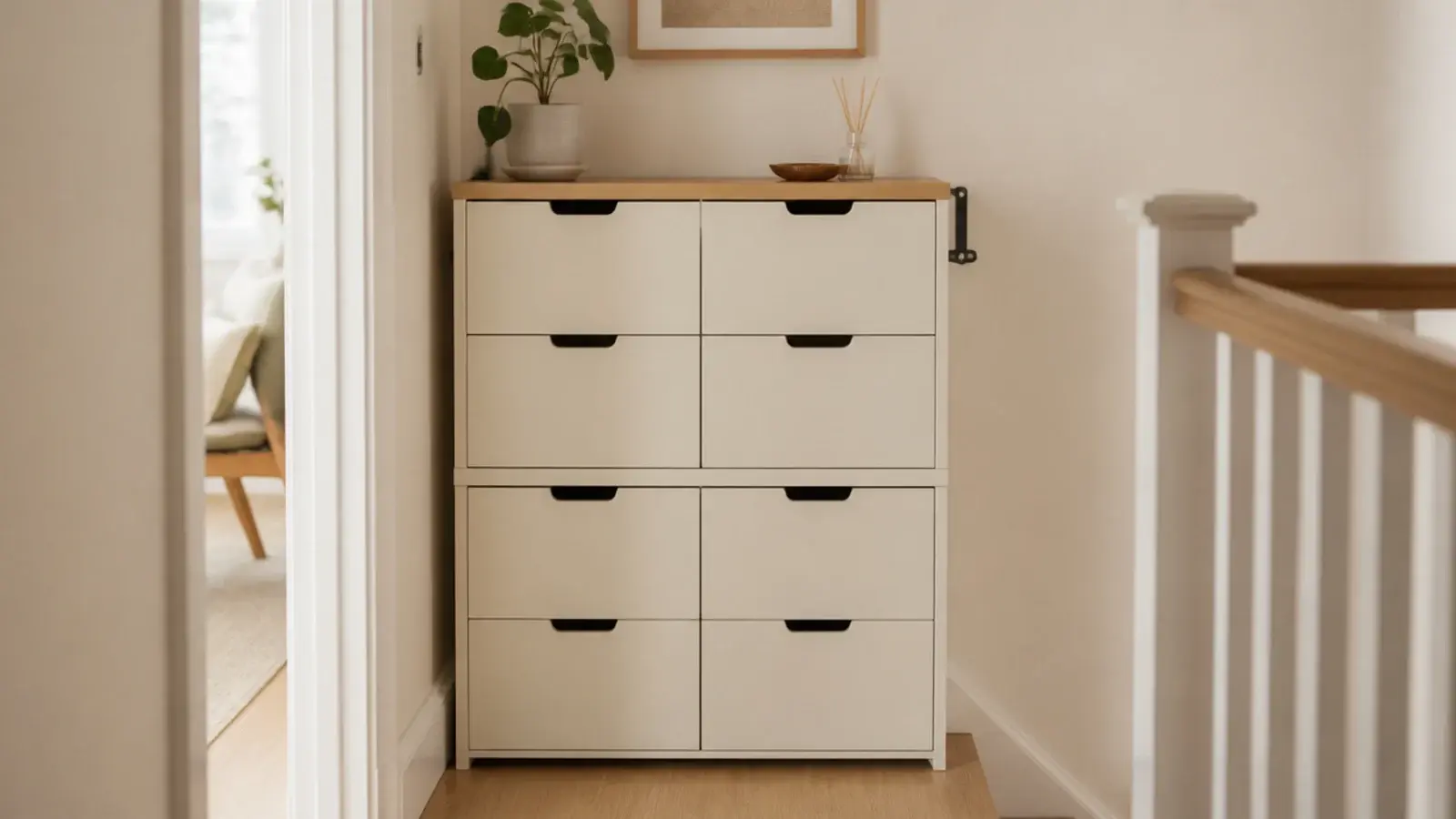 two shallow stacked shoe cabinets replacing one tall unit on a landing