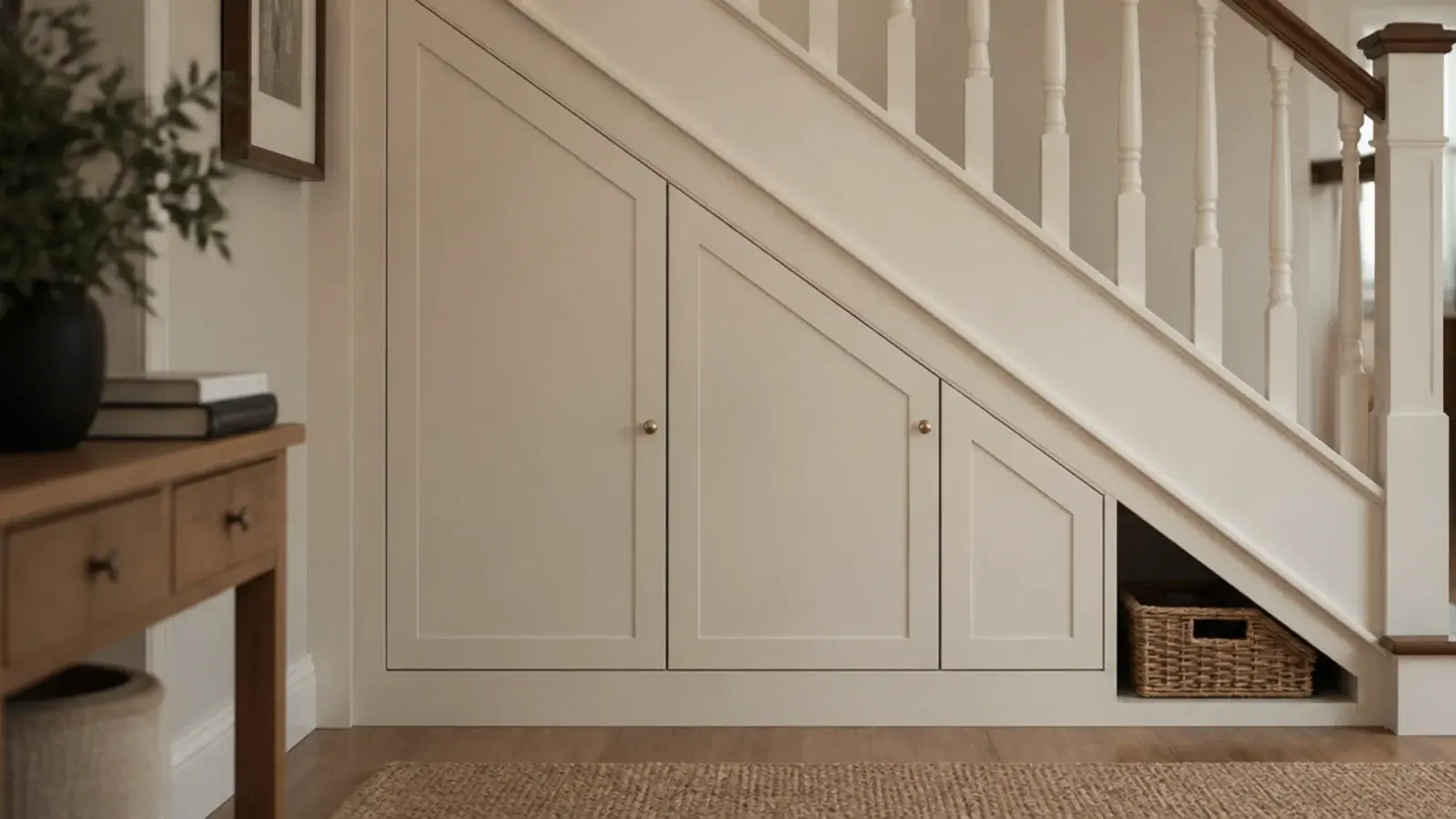 angled shoe cabinet fronts fitted into the space beneath a staircase