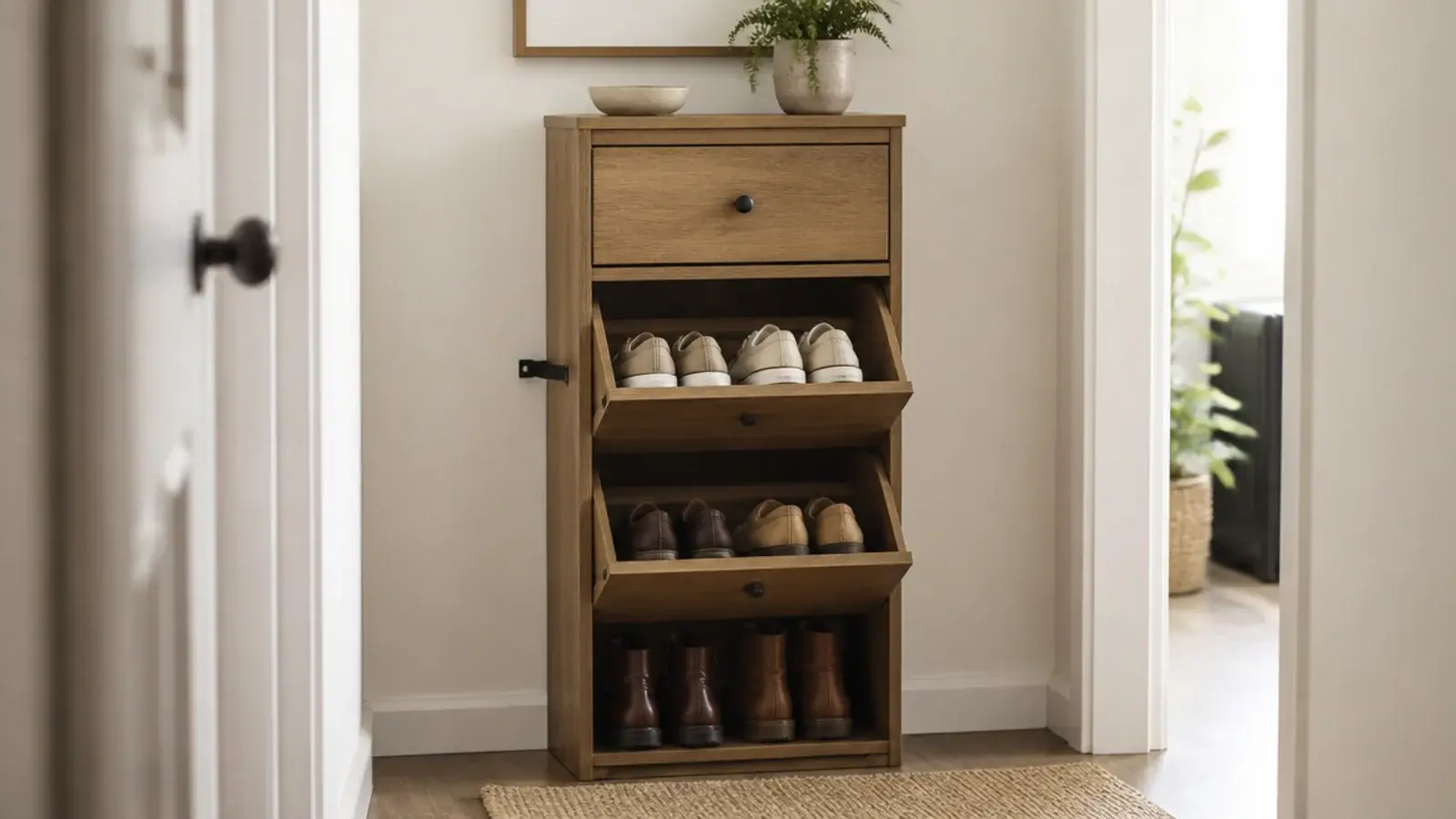 shoe cabinet standing straight with heavy boots loaded in the base