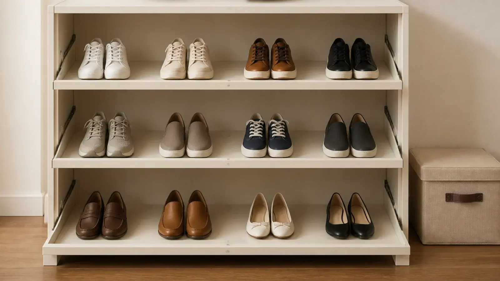 half empty shoe cabinet holding only the pairs worn this week