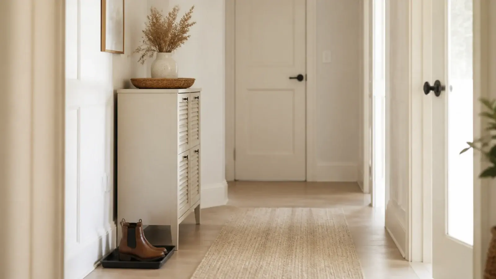 calm vented shoe cabinet with a tray boot tray and clear hallway floor