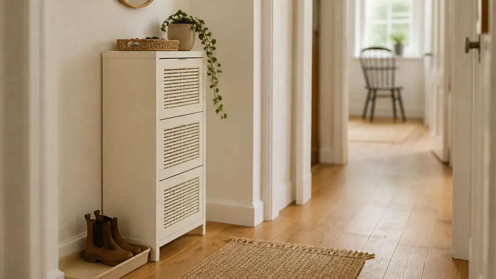 shoe cabinet before and after with a calm restyled entryway top surface
