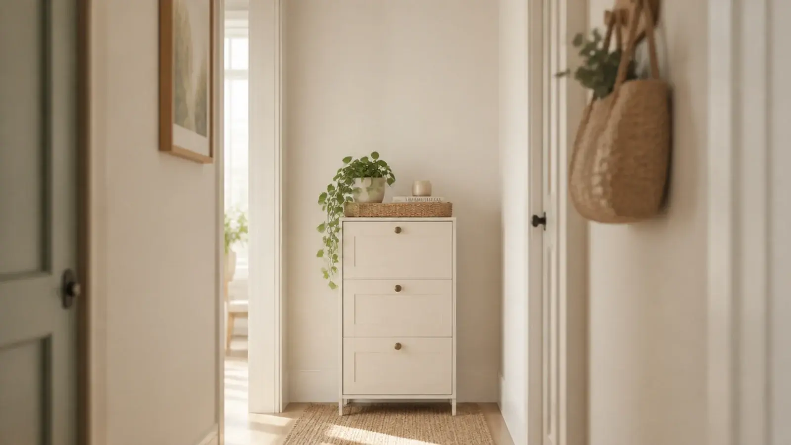 vertical shoe cabinet before and after image of a calm restyled hallway