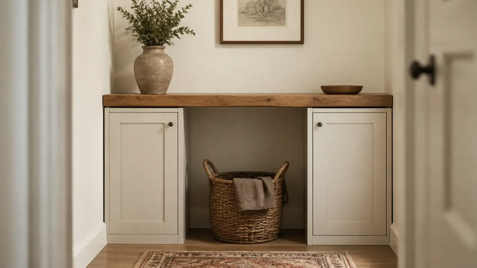 single timber seat spanning two slim shoe cabinets in a narrow hall