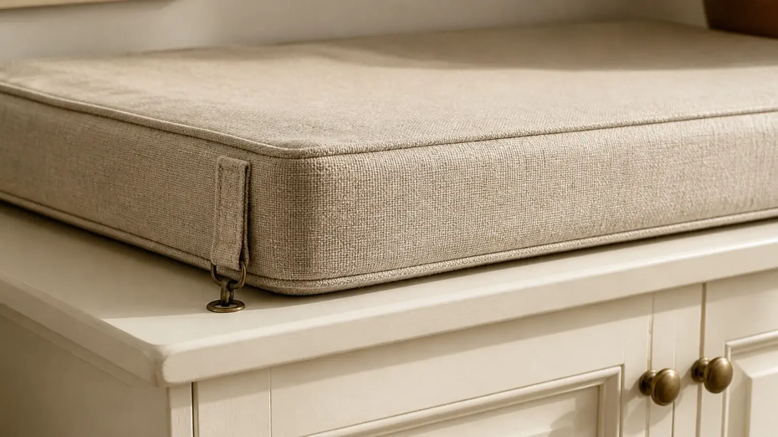 firm linen cushion strapped to the top of an existing shoe cabinet