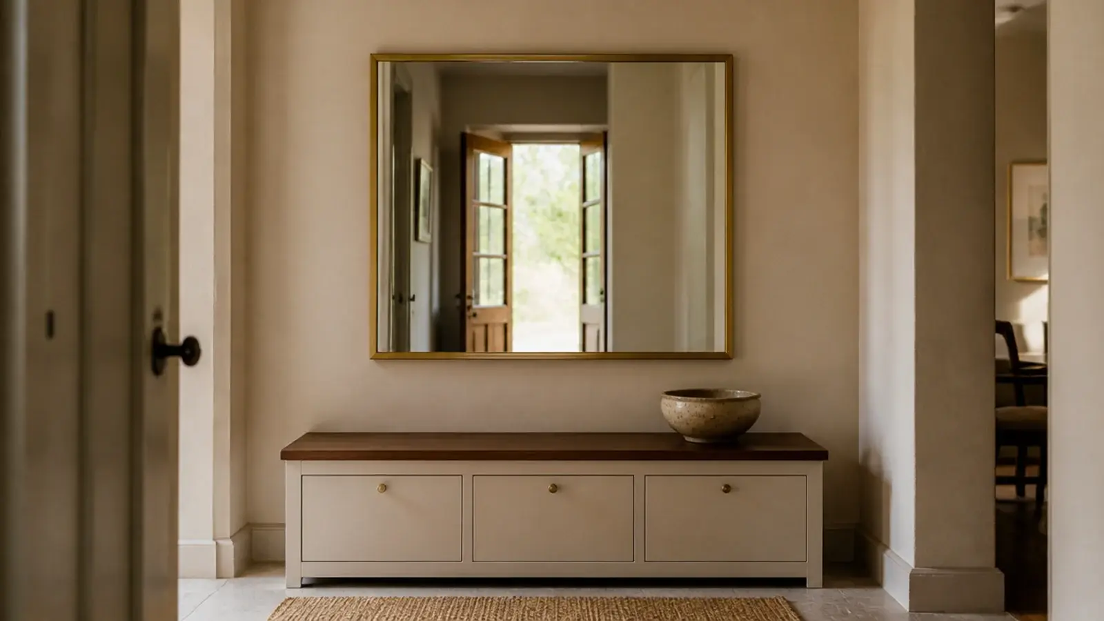 entry bench with shoe cabinet beneath and a large mirror hung above