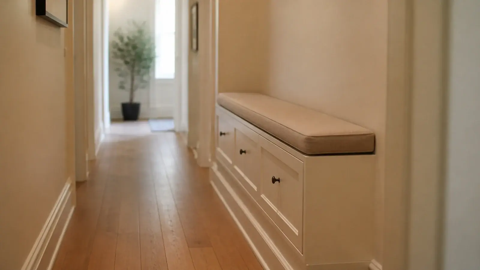 shallow twelve inch deep bench cabinet against a narrow hallway wall