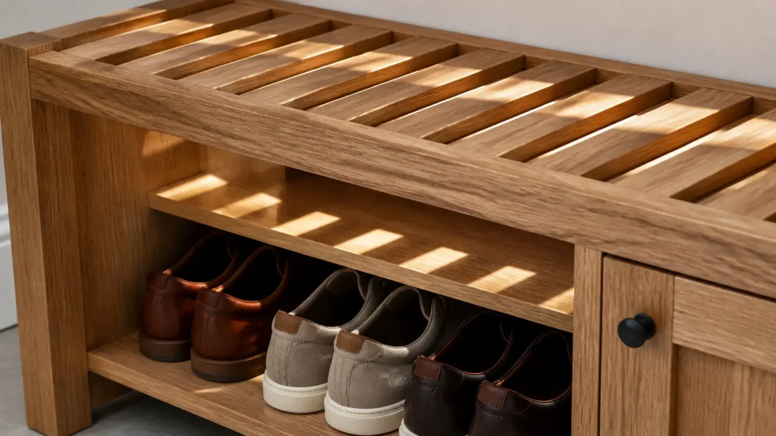 slatted oak bench seat above a ventilated shoe cabinet in an entry