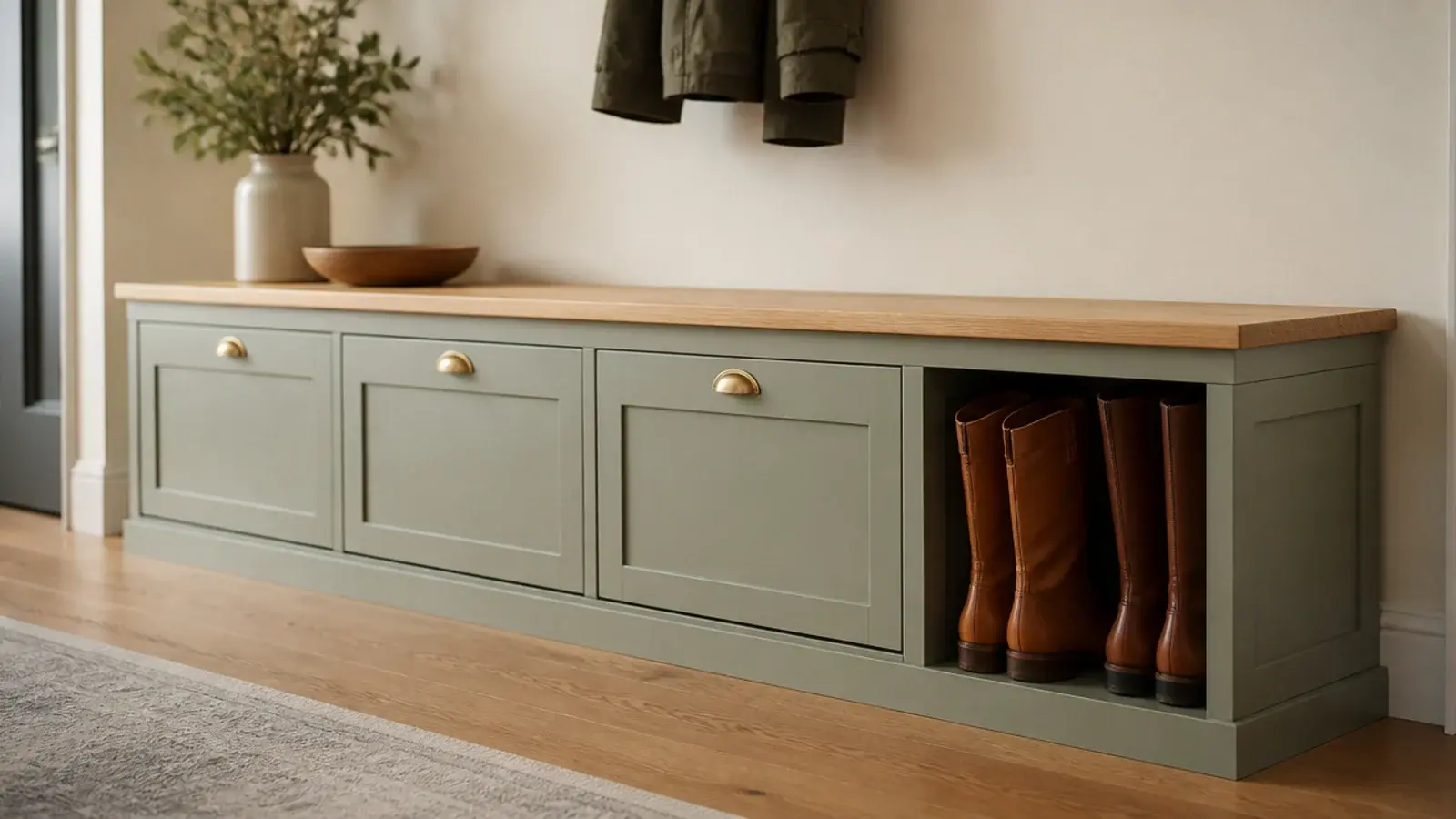 entry bench with an open tall boot bay at one end holding boots
