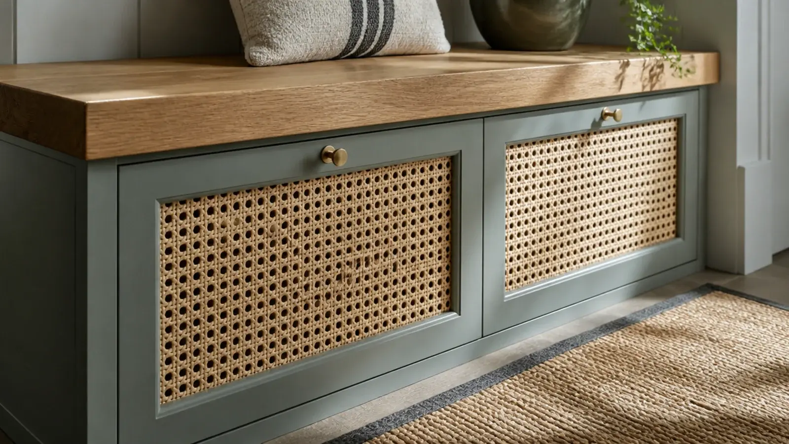 cane webbing fronts on a shoe cabinet beneath a solid timber bench seat