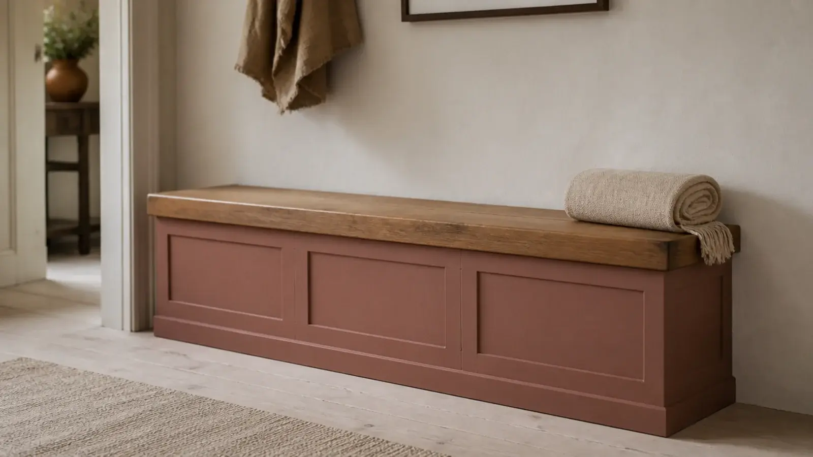 two tone entry bench with clay painted base and warm oak seat top