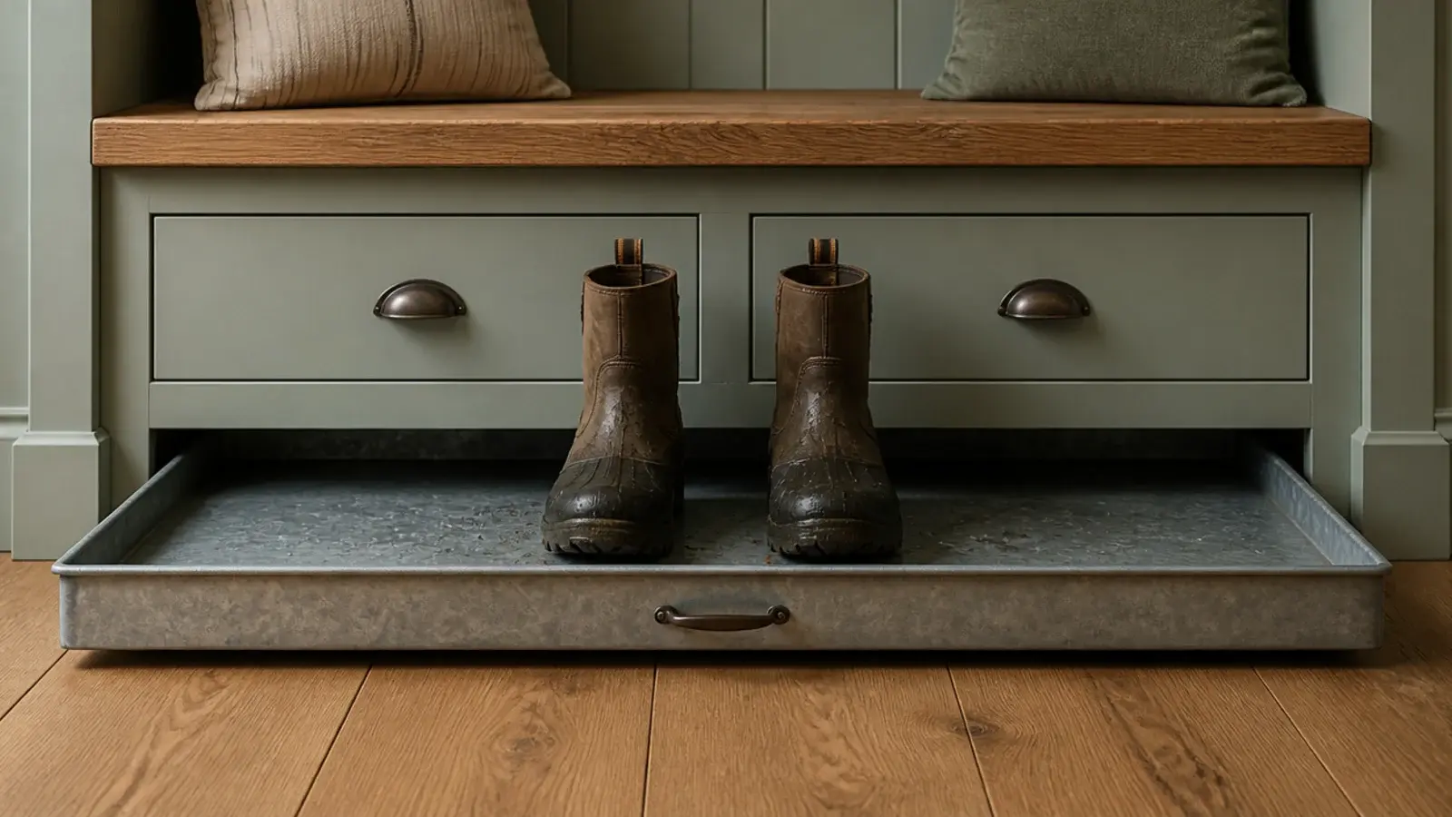shallow pull out drip tray at the base of an entry bench cabinet