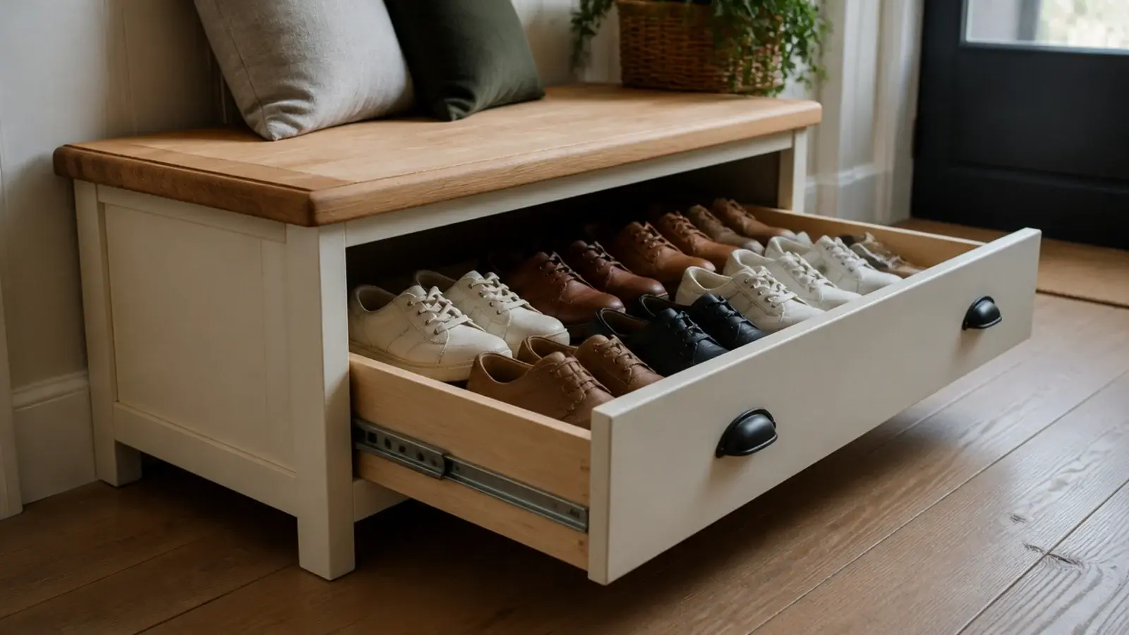 full extension sliding drawer pulled open under an entry bench seat